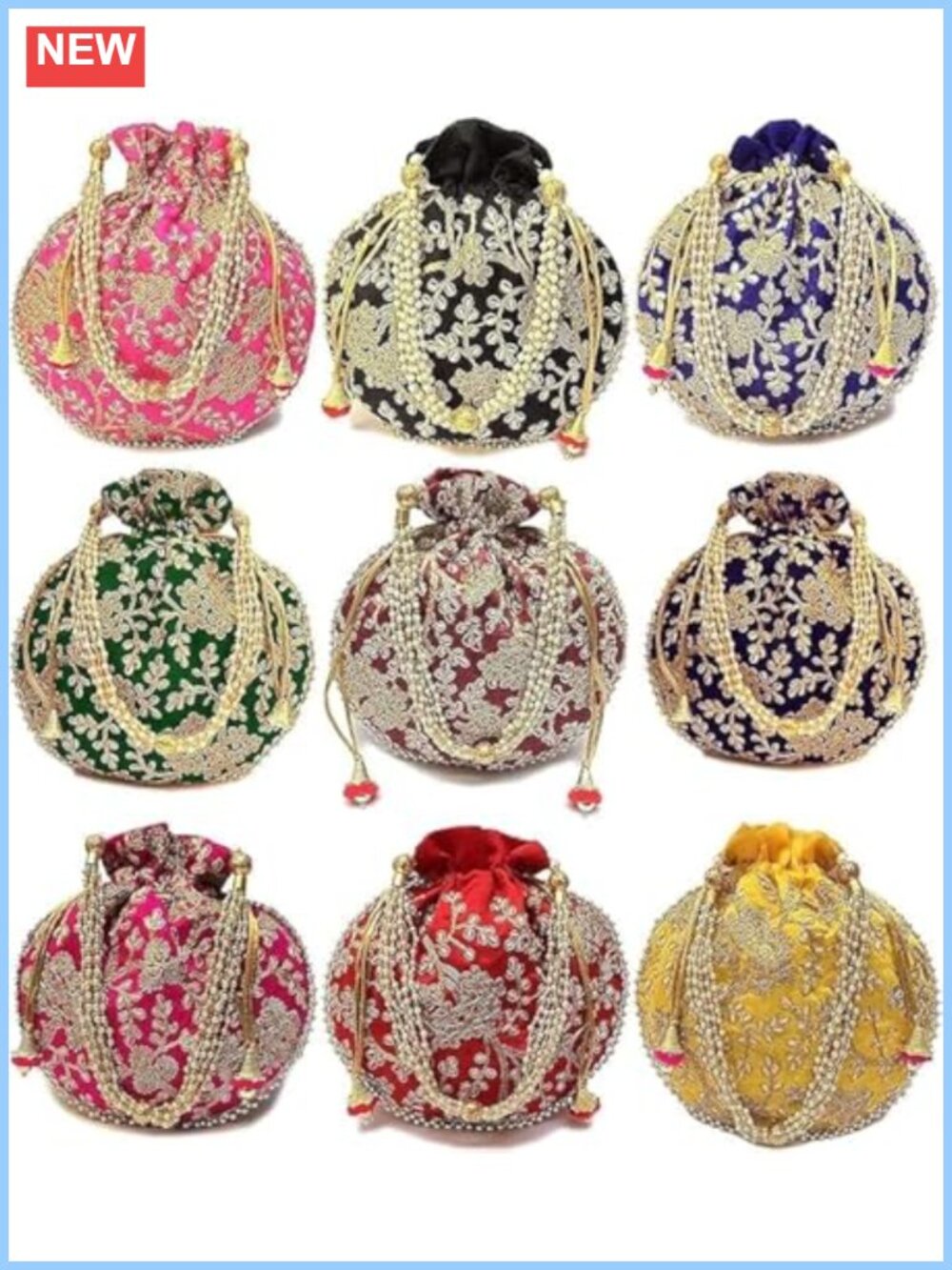 Silk Satin Potli Bag Ethnic Indian Clutch with Beaded Handle for Bridal Party